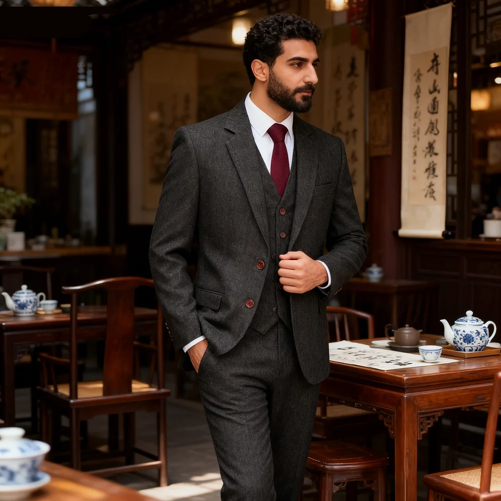 

Men's 3-Piece Terno Suit Army Green Tweed Formal Notch Lapel Regular Fit Wedding Groomsmen Banquet Work Smoking Outfit Set