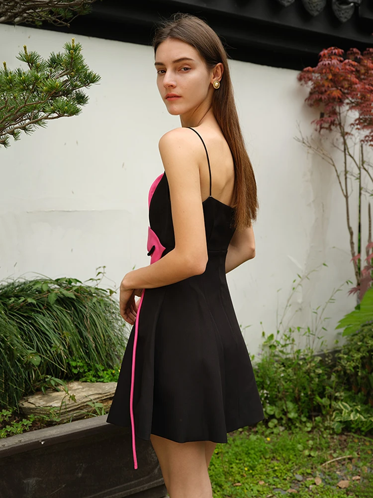 Vestidos de tirantes ajustados con retazos de flores en 3D, vestido negro sin mangas de primavera para mujer, minivestido camisola de cintura alta con cremallera para verano