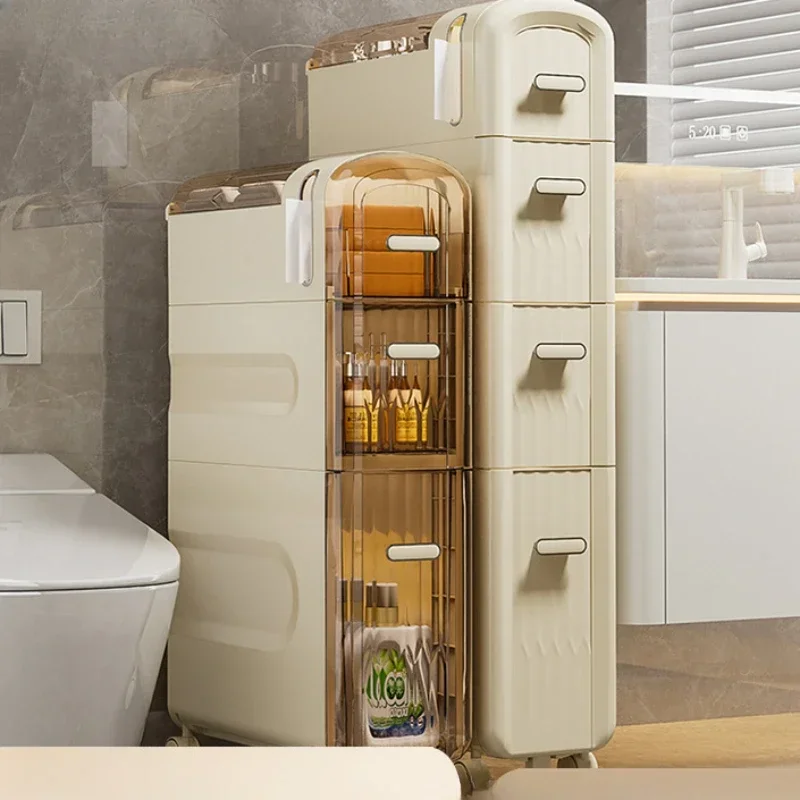 Cream Style Transparent Plastic Seam Storage Shelf Bathroom Floor Cart Storage Cabinets Toilet Side Narrow Gap Cabinet Storage