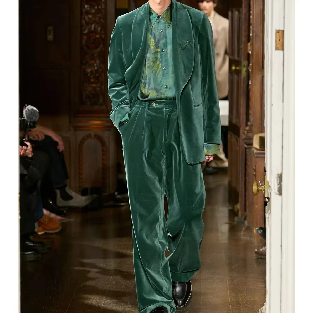 

Elegant Velvet Men's Suit Shawl Lapel Loose Fit Two-Piece High Quality Casual Party Prom Model Show Set Jacket Blazer Pant