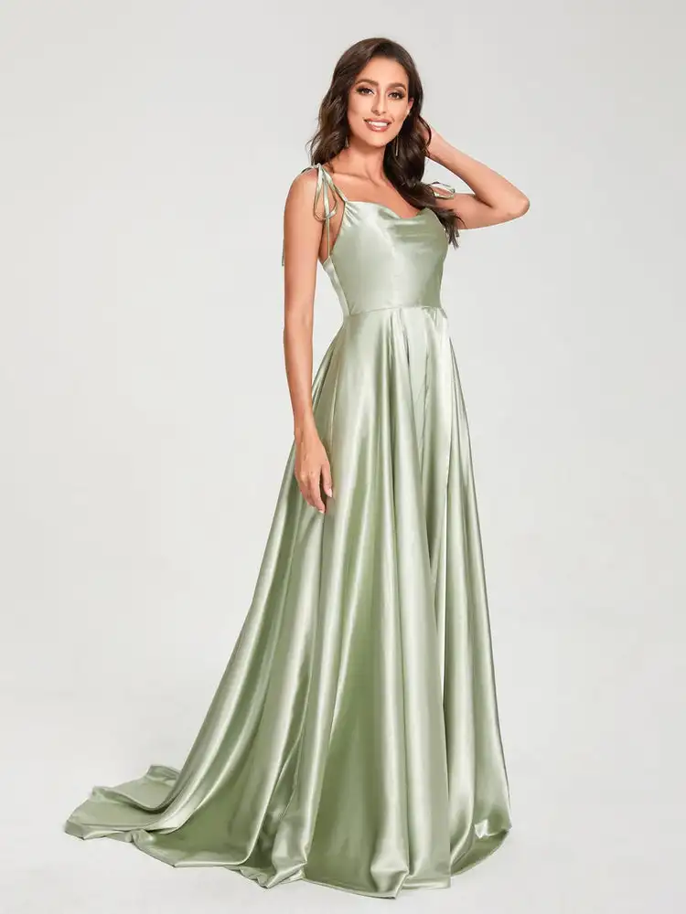 A-Line Spaghetti Straps Long Satin Bridesmaid Dresses  Sleeveless Wedding Cocktail Dresses Floor-length Evening Gowns