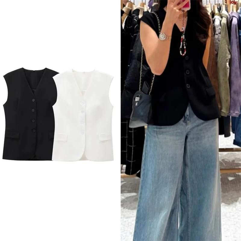 Guobioziy 2026 Summer New Women's Vest Solid Color Short Sleeve Pocket Decor Simple Vest Fashionable for Commuting