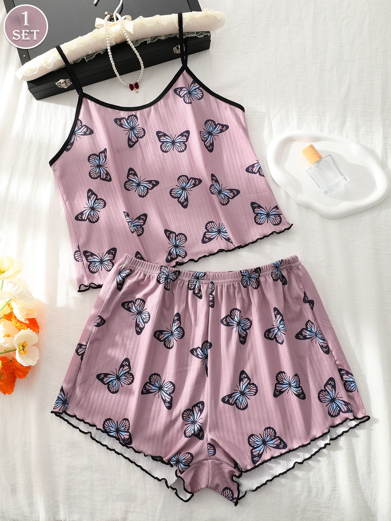 1SET Butterfly Print Cami Short Pajama Set, Waffle Knit Scalloped Trim Soft Breathable Summer Women Loungewear Sleepwear