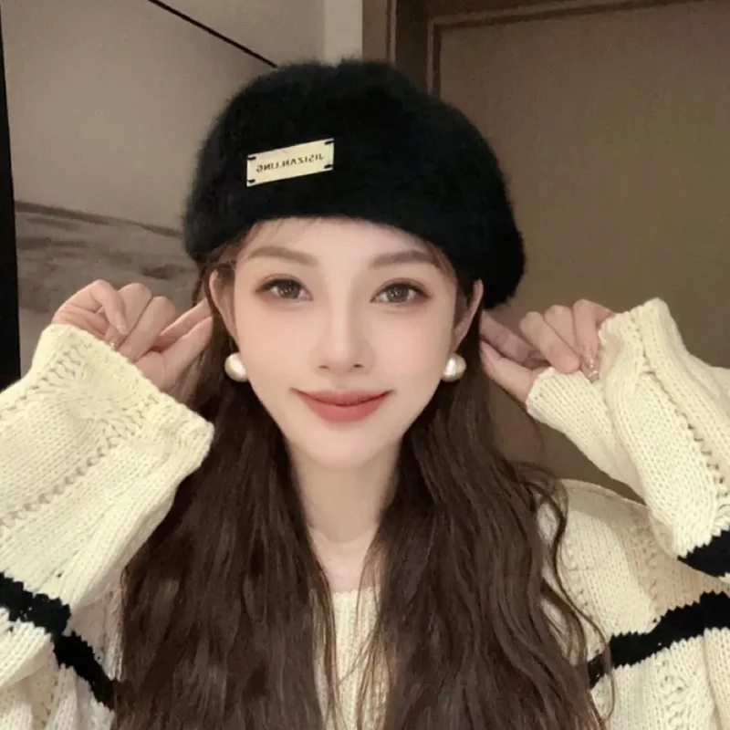 Rabbit Fur Berets Hat Women Autumn Winter Warm Reverse-Wearing Beret Korean Retro Versatile Forward Hats Solid Color Painter Cap