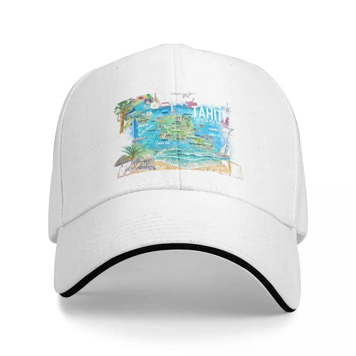 Tahiti Illustrated Travel Map with Roads and Highlights Cap Baseball Cap fur hat men's hats Women's