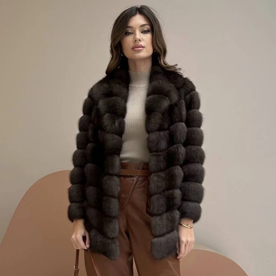 Casaco Real Fox Fur para mulheres, casaco de inverno luxuoso, quente, comprimento médio, pele natural, lapela, 2023