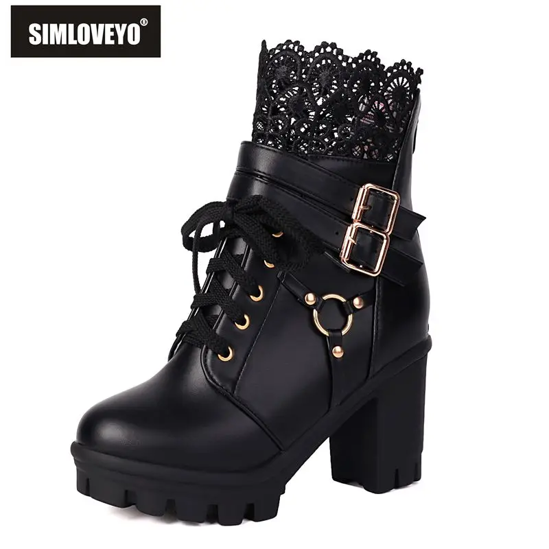 

SIMLOVEYO New Women Ankle Boots Round Toe 8.5cm Block Heels 2.6cm Platform Zipper Lace Belt Buckles Botas Big Size 44 Autumn