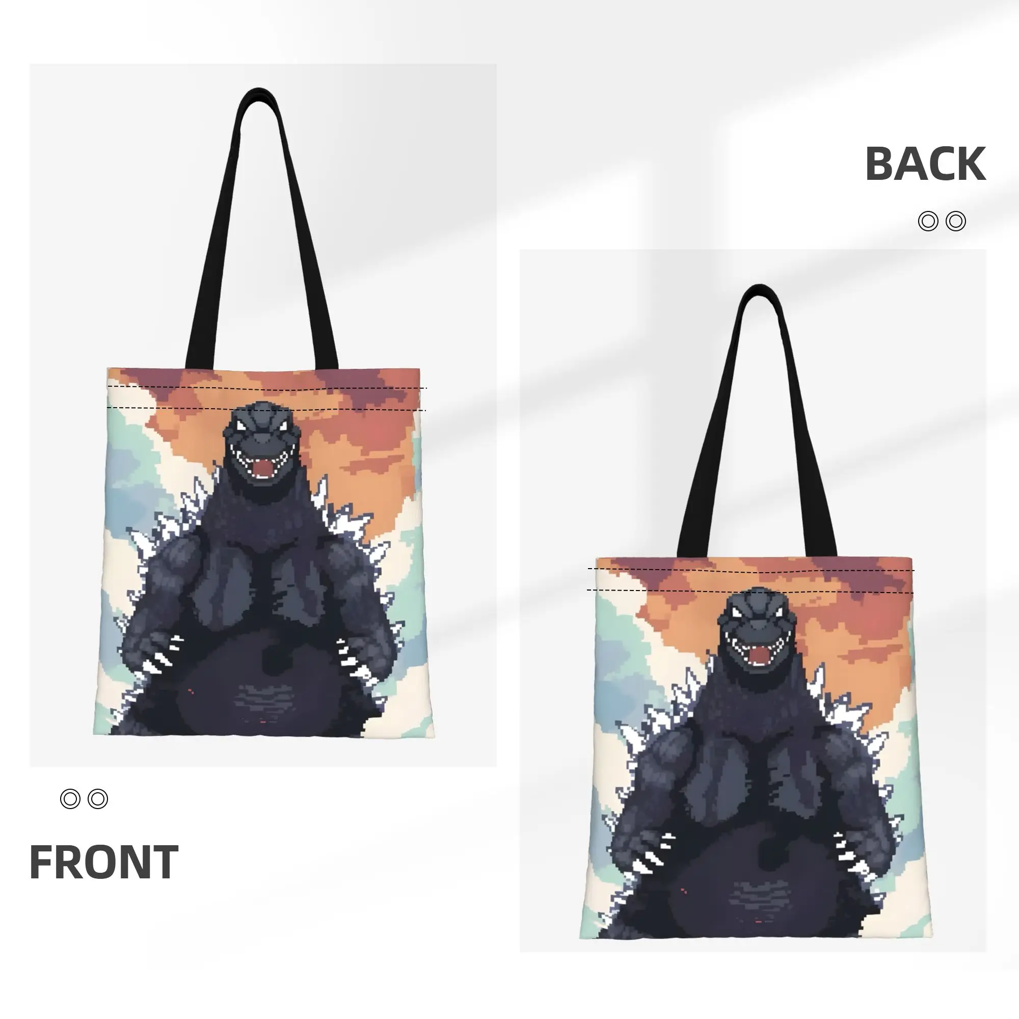 1PC Large Capacity Pixel Kaiju Godzilla Canvas Tote Bag Foldable Chic Pattern No Closed Design