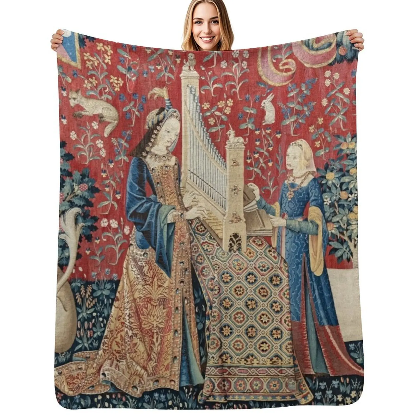 

The Lady and the Unicorn Hearing Throw Blanket Plaid on the sofa Designers Bed Fashionable Sofas Blankets