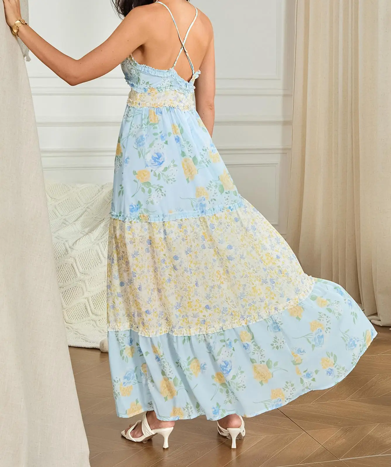 Nova moda feminina impressão sem mangas com decote em v midi vestido sem costas dupla camada verão casual festa de férias vestidos longos azul S-XL