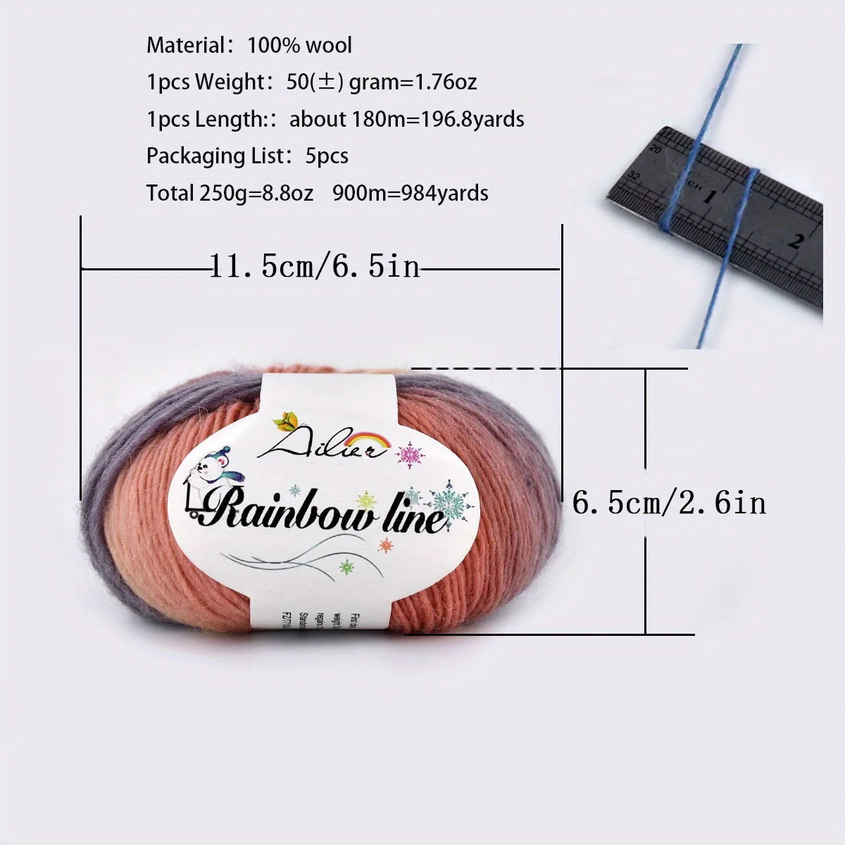 50g/pc Worsted Section-dyeing Rainbow Yarn 100% Wool Yarn for Hand Knitting and Crochet Gradual Change Color Thread 180m