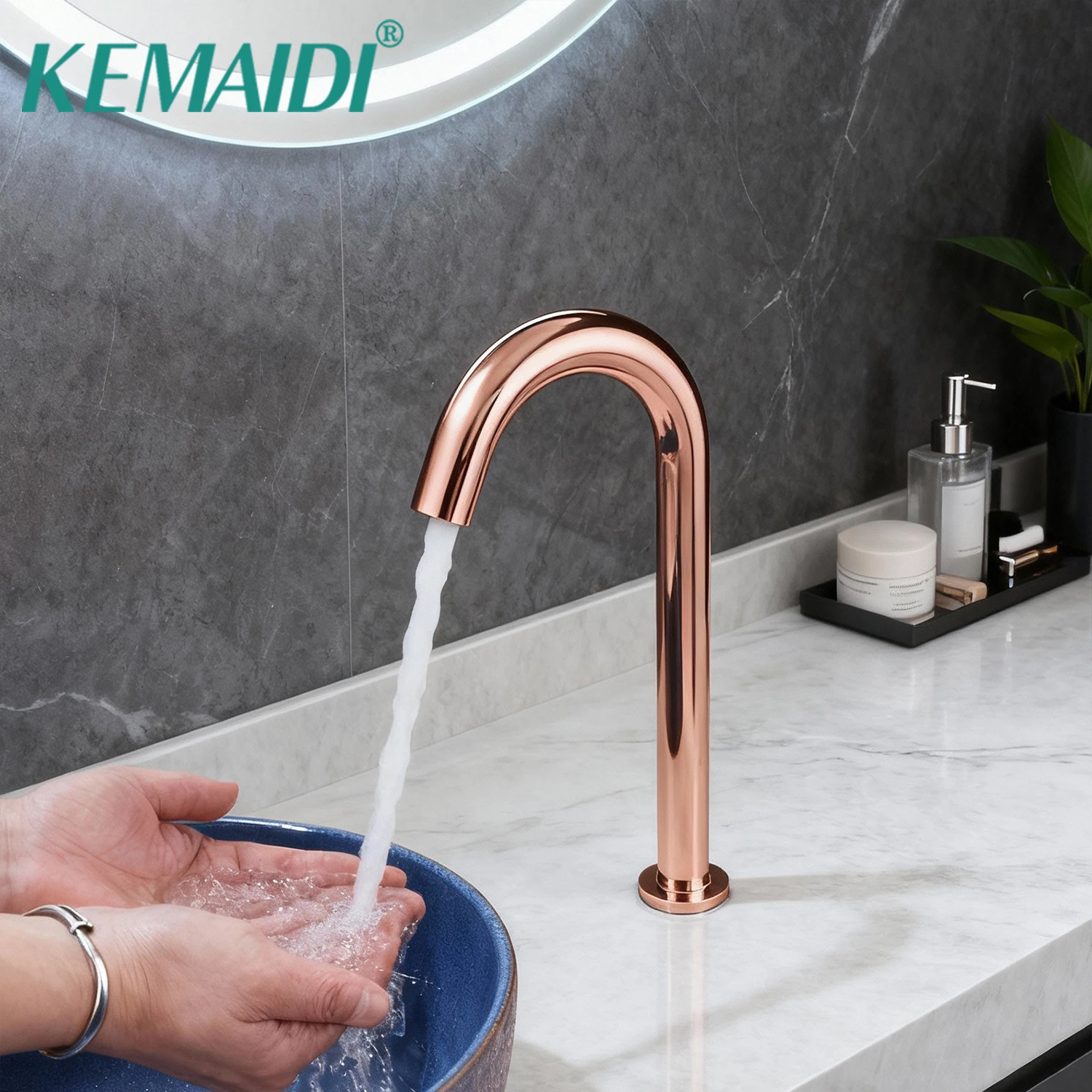 

Сенсорный смеситель для раковины KEMAIDI из розового золота, бесконтактный, с высоким изливом, 33 см