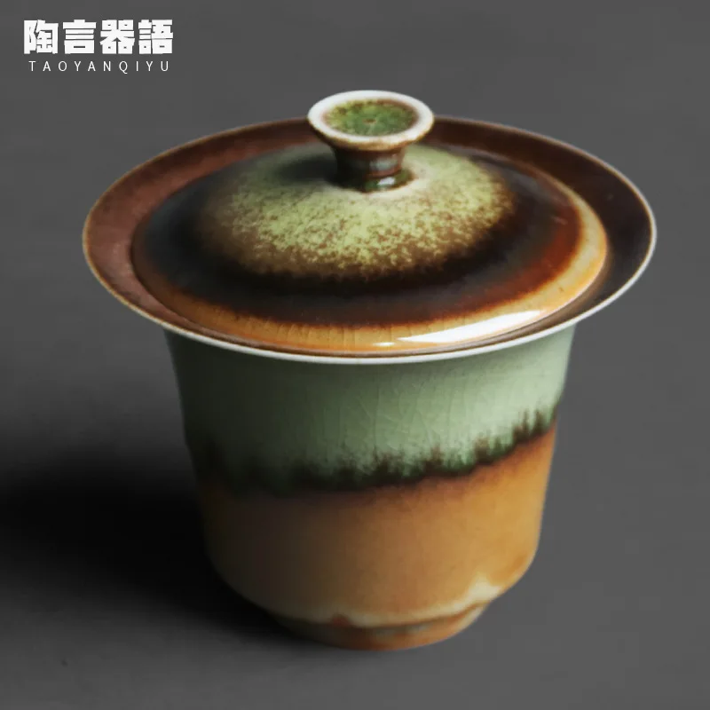 Wood fired glaze, ice flake crack, hand held cover bowl, horseshoe shaped ceramic tea brewing bowl