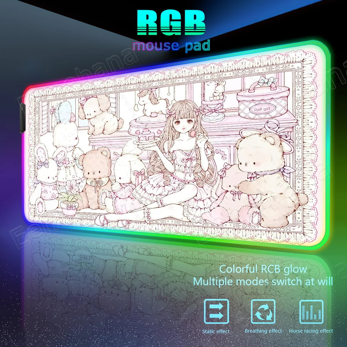 LED Mouse Pad Bear & Bunny RGB Rococo Loli Pink Backlight Office Home Setup Cute Girl Xxl PC Gaming Computer Luminescence Carpet