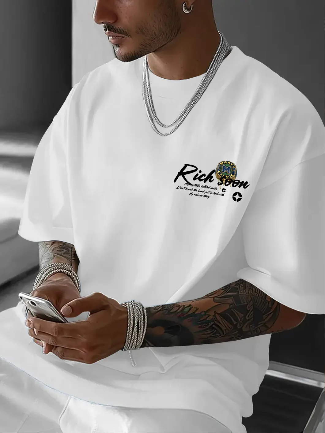 Men's Rich Soon Money Ring Print T-Shirt Casual Streetwear Oversized O-Neck Short Sleeve Graphic Tee Tops  S-XXL