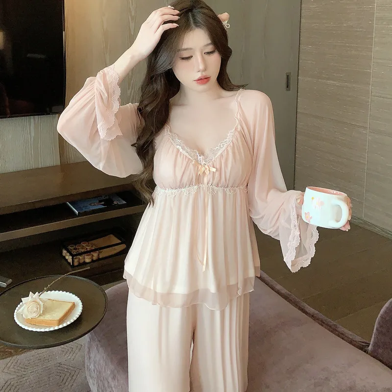 Soft Modal Pajamas Suit Sleepwear With Lace Trim Women Nightgown Sexy Lady Gauze Pyjamas Pour Femme Nightwear Casual Home Wear