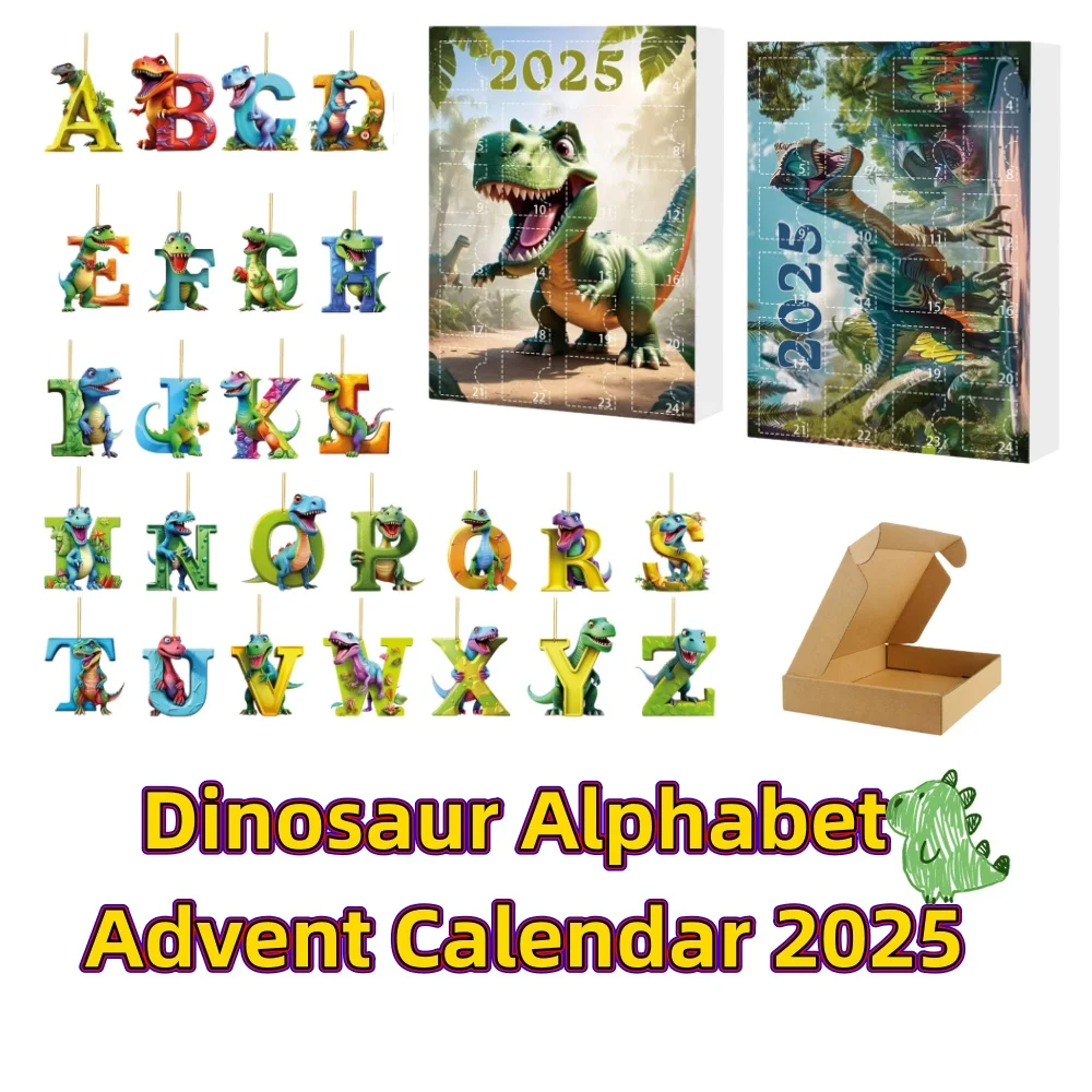 

Рождественский адвент-календарь с алфавитом динозавра, календарь обратного отсчета 2025 года, мини-подвески с буквами динозавра для рождественской елки для домашнего декора
