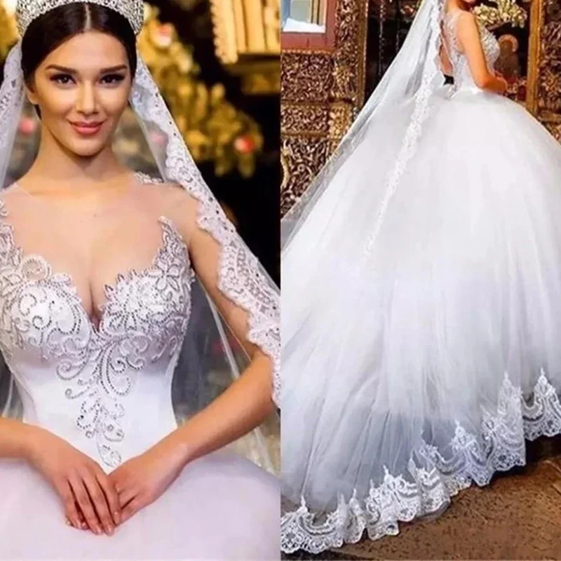 Grânulos personalizados apliques vestidos de casamento trem varredura mangas boné vestido de baile renda inchado vestidos de noiva robe de casamento