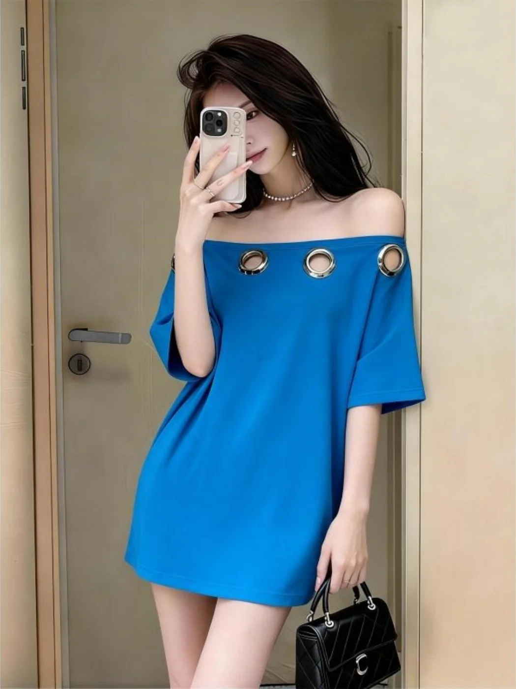 Korean Style Gentle One Shoulder Metal Ring Hollow T-Shirt Dress Women's Loose Lazy Unique Design Top Summer Season