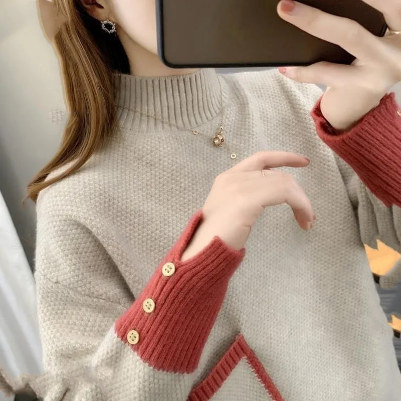 New Autumn and Winter Fashion Thickened Half High Neck Colored Loose and Versatile Western Women\'s Knitted Long Sleeve Sweater