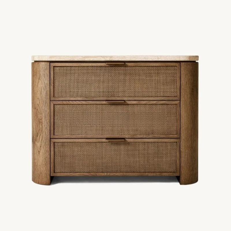 

Solid wood bedroom furniture 3 drawer enclosed bedside table with travertine top