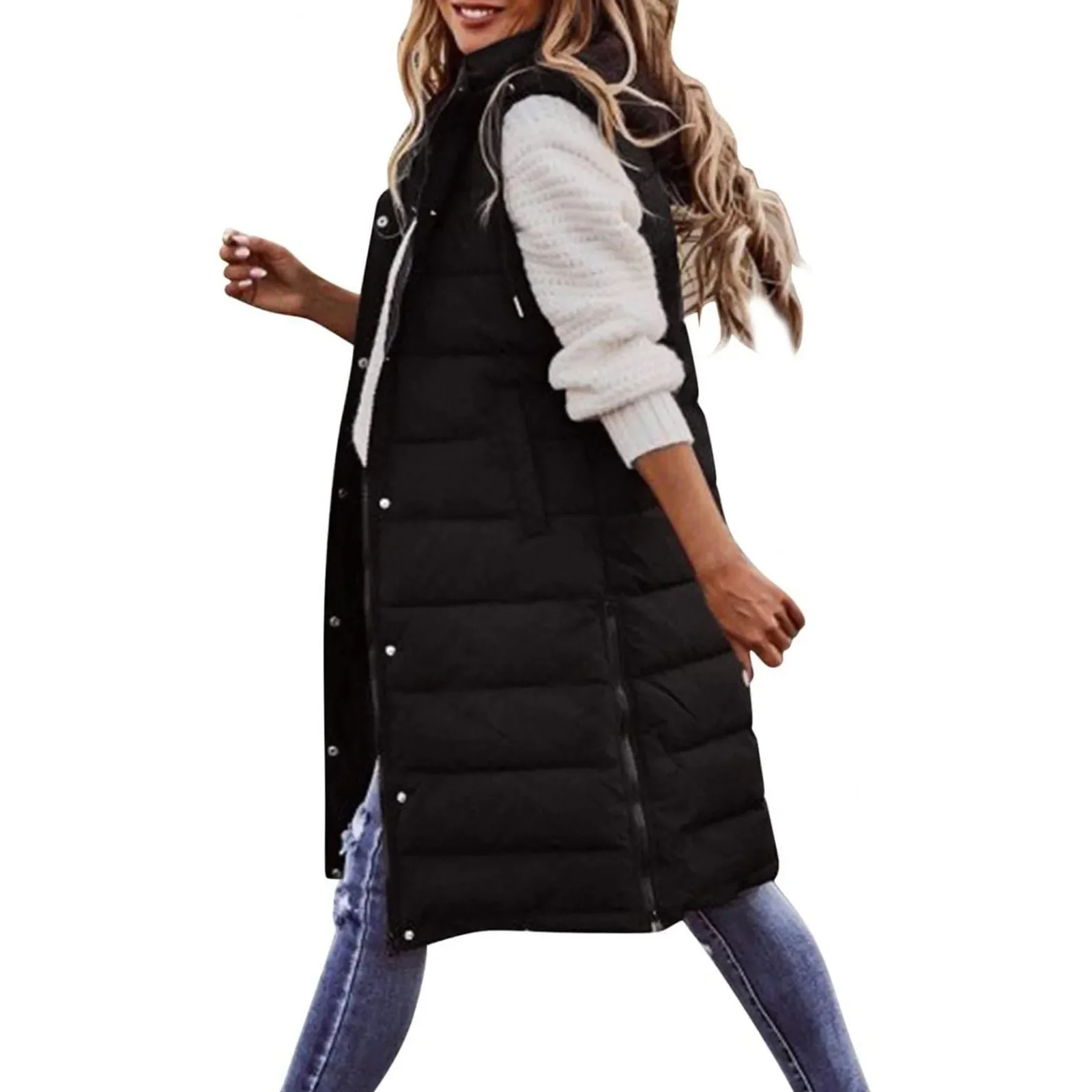 Sleeveless Winter Warm Jacket Women 2023 Midi Coats Vest Keep Warm Elegant Black Hooded Street Hipster Lady Cotton Overcoat