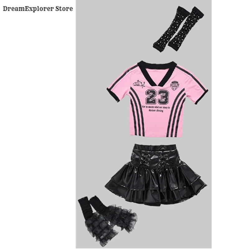 Girls K-pop Crop Top Cargo Pants Dance Tiered Skirts Children Pink Costumes Kids Hip Hop Streetwear Jazz Girl Group Clothes Sets image 3