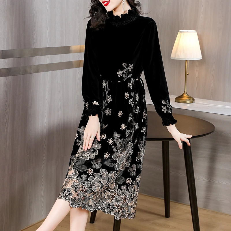 Women Luxury Elegant Festival Party Evening Dress Autumn Winter Black Velvet Long Sleeve Loose Dress 2024 Korean Vintage Dresses