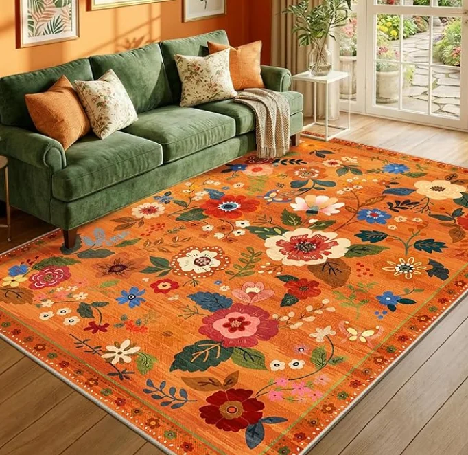 Orange Floral Boho Rug Vintage Flower Non Slip Washable Indoor Floor Carpet Mat for Living Room Bedroom Home Decor Doormat