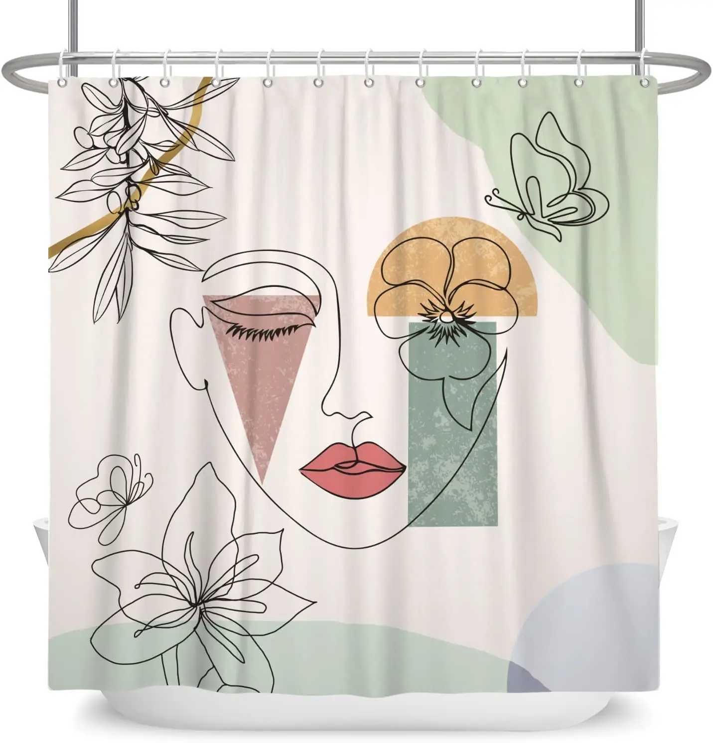 Abstract Face Shower Curtain Line Art Flowers Minimalist Aesthetic Mid Century Modern Shower Curtain 72x72 Inch Bathroom Decor