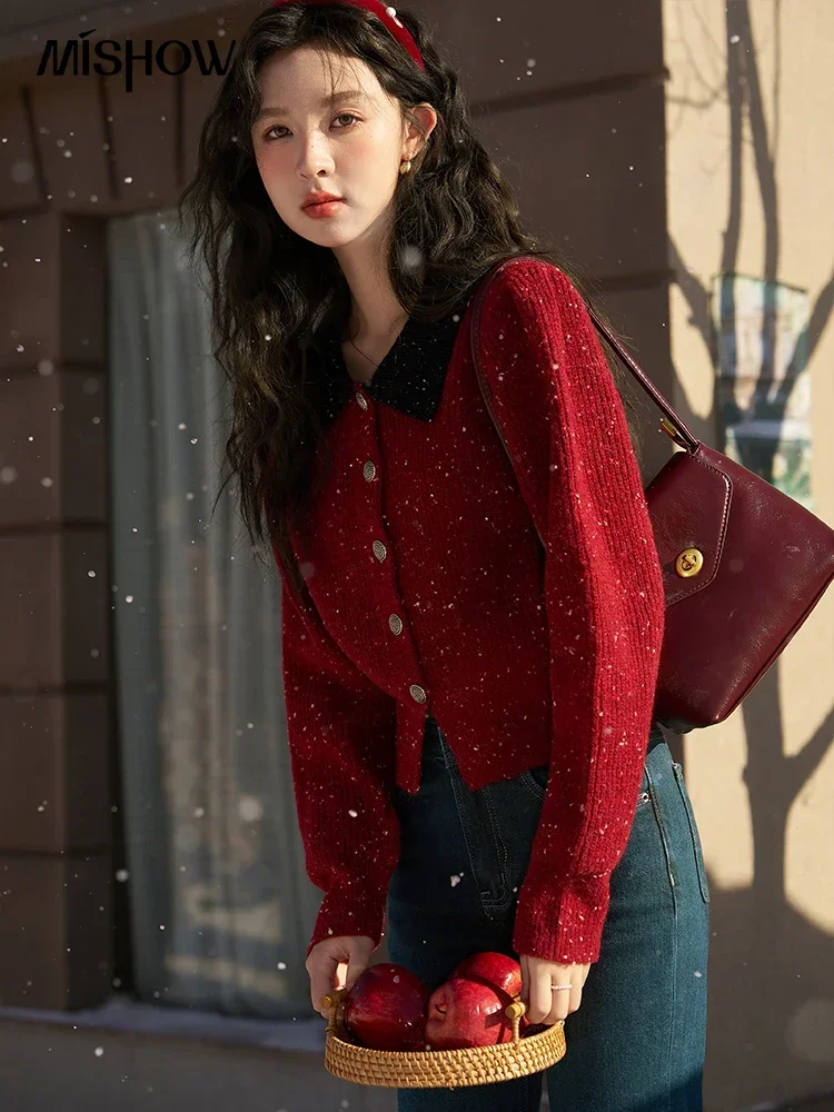 Autumn Winter Cropped Knit Sweater Women Vintage Office Ladies Lapel Round Neck Knitted Cardigan Tops Jumpers MXC56Z0440