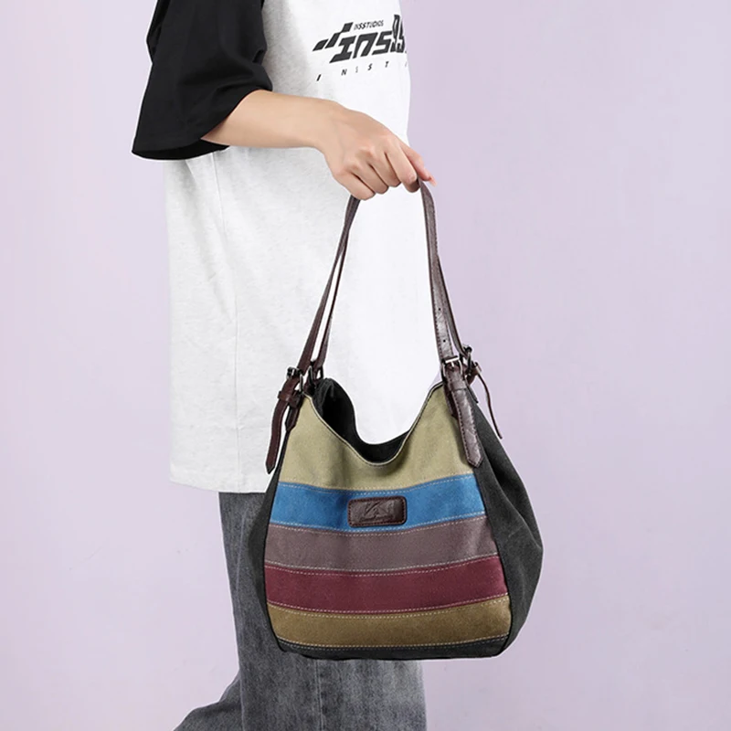 Large Capacity Tote Bag Women\'s Casual All Kinds Of Striped Color Contrast Shoulder Bag Multi-Space Canvas Hand Bag Women