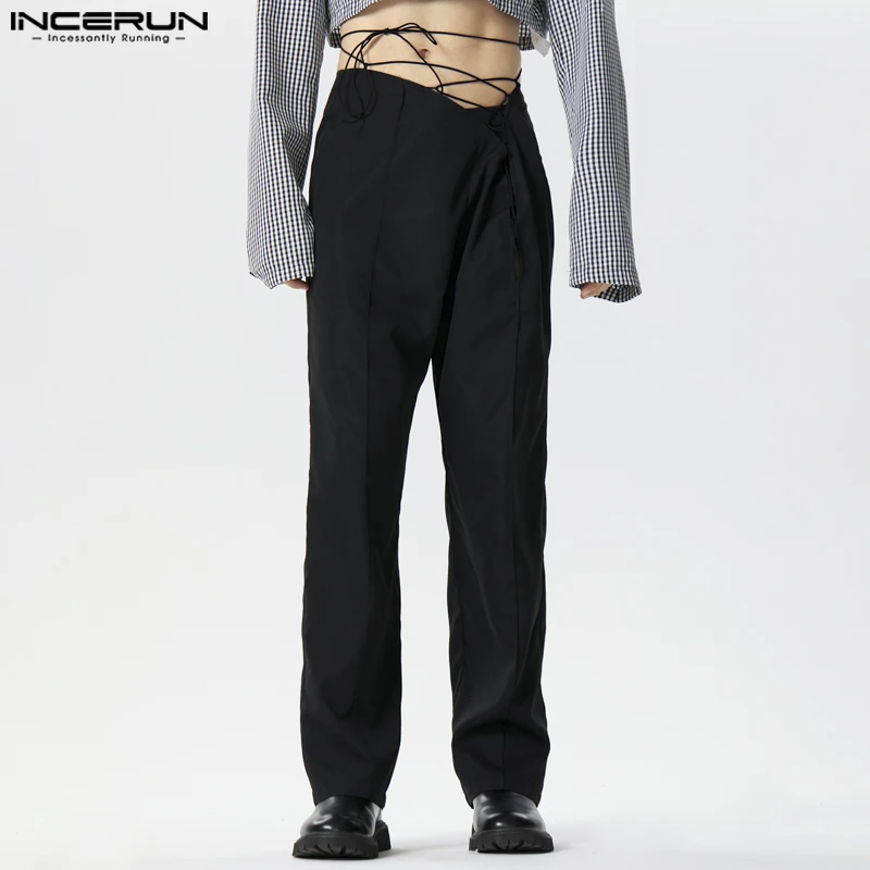 

INCERUN 2024 American Style Men's Pantalons Fashion Strap Design Straight Leg Trousers Casual Streetwear Solid Long Pants S-5XL