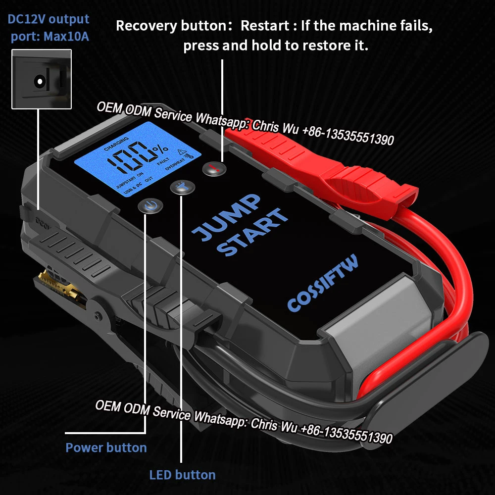 COSSIFTW 6000 Amp 12-Volt Lithium Jump Starter Box Car Battery Booster Pack Portable Power Bank Charger and Jumper Cables