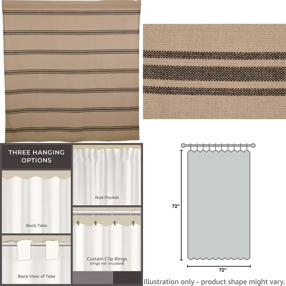 

Primitive Grain Sack Stripe Shower Curtain, 72 x 72, Farmhouse Beige & Black Decor