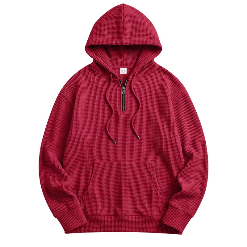 Herren Frühling und Herbst Einteiliger Waffel-Strick 1/4 Reißverschluss Lässiger Loser Kapuzenpullover, Geeignet für den Täglichen Gebrauch – Detail 25