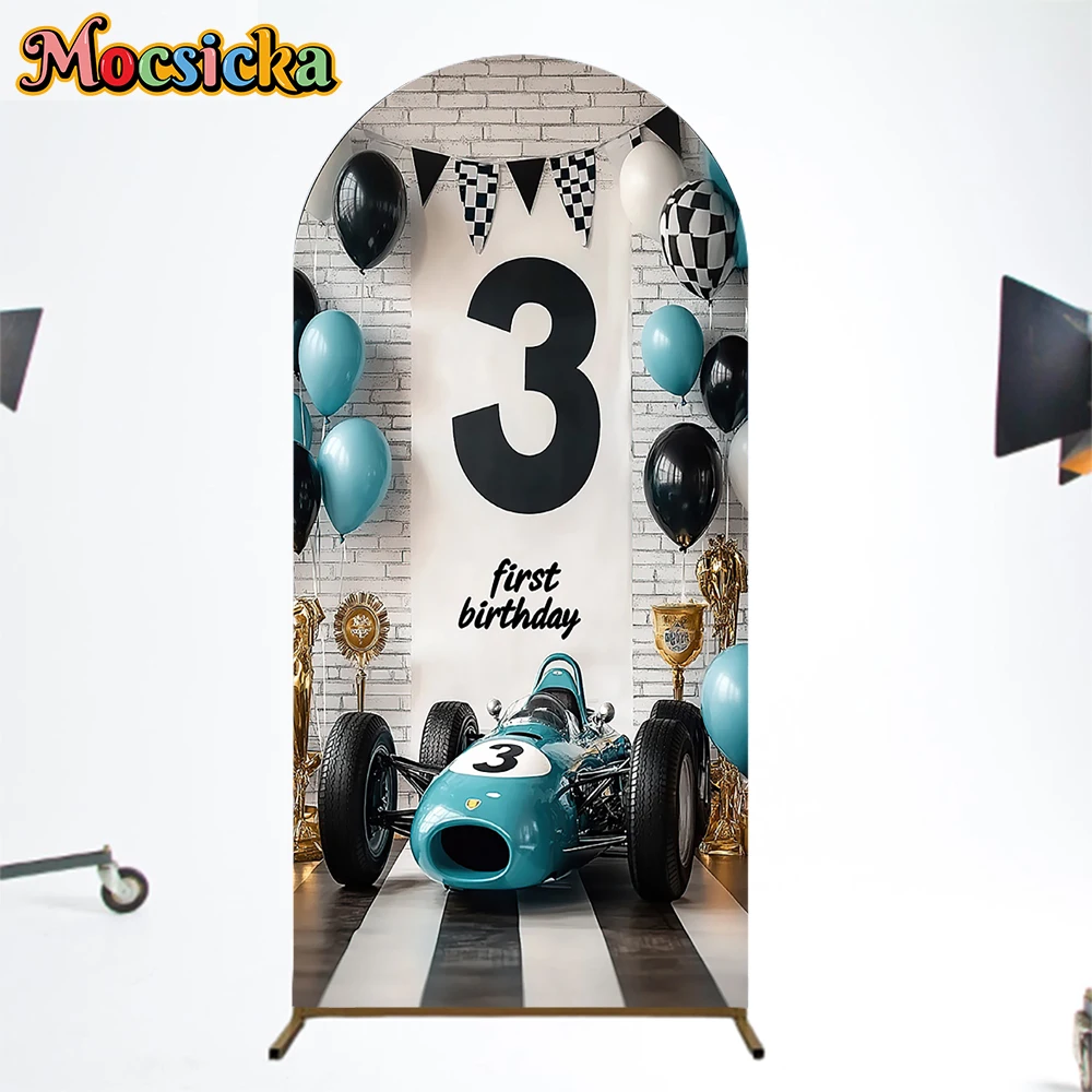 

Mocsicka Baby Shower Arch Cover Background Soft Double-Sided Car Race Decor Children Boy 3st Birthday Arched Door Backdrop Props