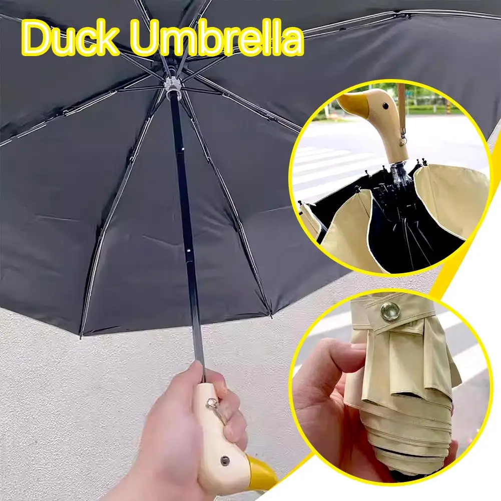 Umbrella With Cute Duck Head Wood Handle 8 Bones Thickening Black Protection Parasol Unisex Umbrellas Automatic Rain UV Coa J4A2