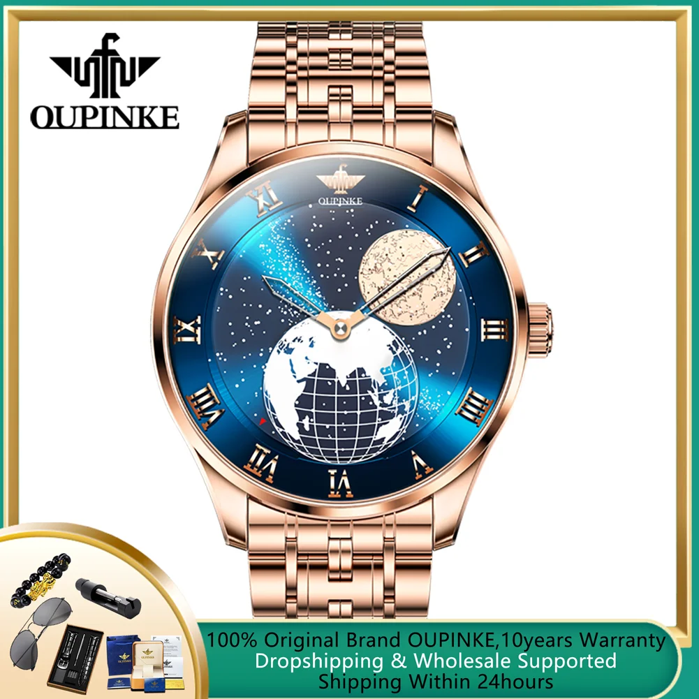 

OUPINKE New Moon Phase Watch for Men 3D Earth Starry Sky Rotating Dial Automatic Mechanical Wristwatches Luxury Men's Moonswatch