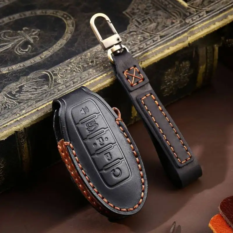 1pc Leather Car Key Case Cover Fob Protector Keyring for Nissan Patrol Y62 Accessories 2021 5 Button Keychain Holder Shell