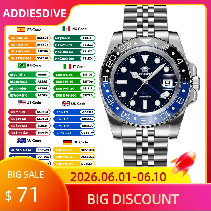 ADDIESDIVE 2024 Top Luxury Men GMT Quartz Wrist Watches Men\'s Business Sports Luminous 20Bar Waterproof Watch Gift Reloj Hombre