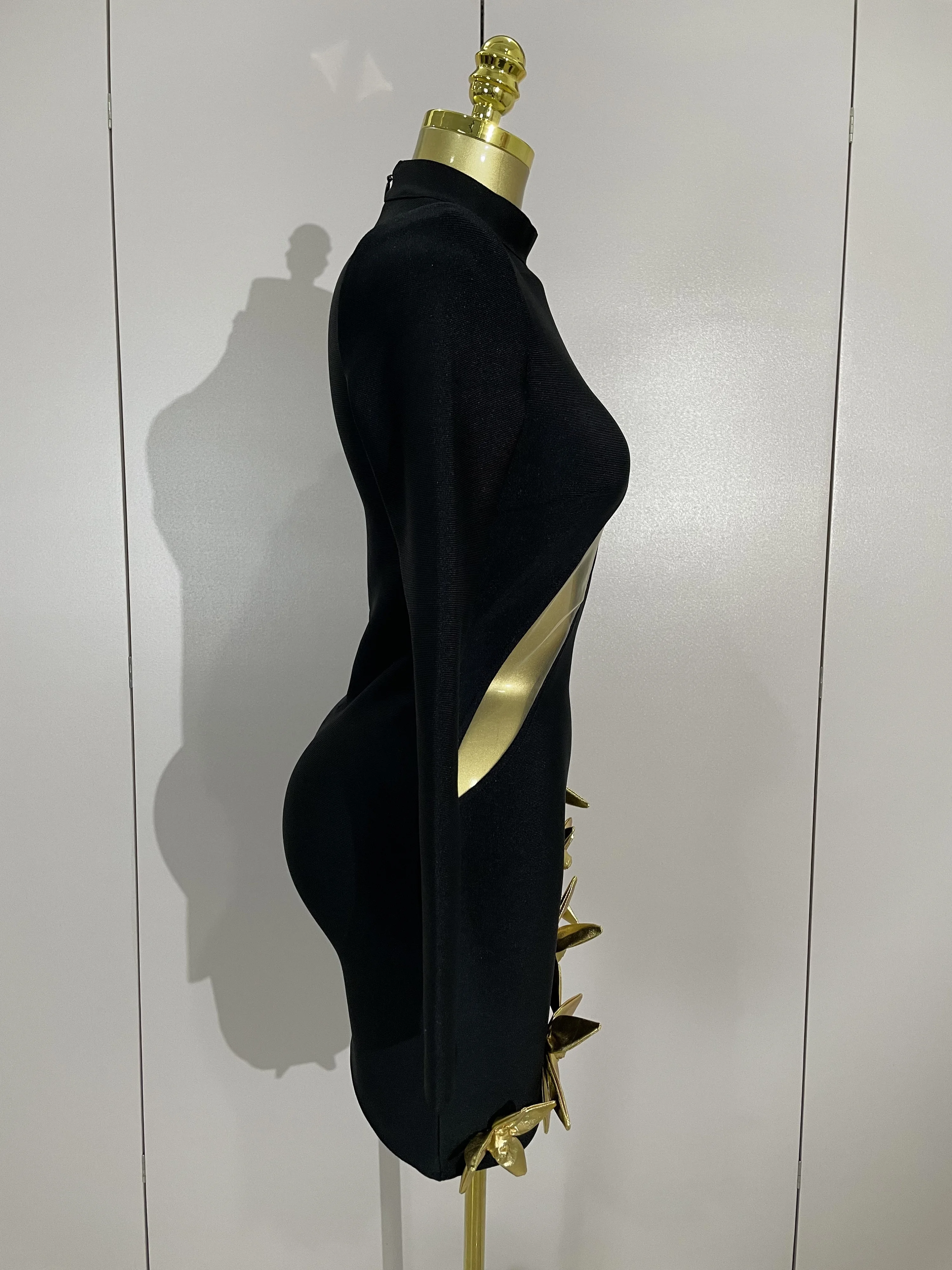 Sexy 3D Gold Flowers Black Cut Out Long Sleeves Bandage Mini Dress Women Elegant Celebrity Prom Luxury Birthday Party Dress