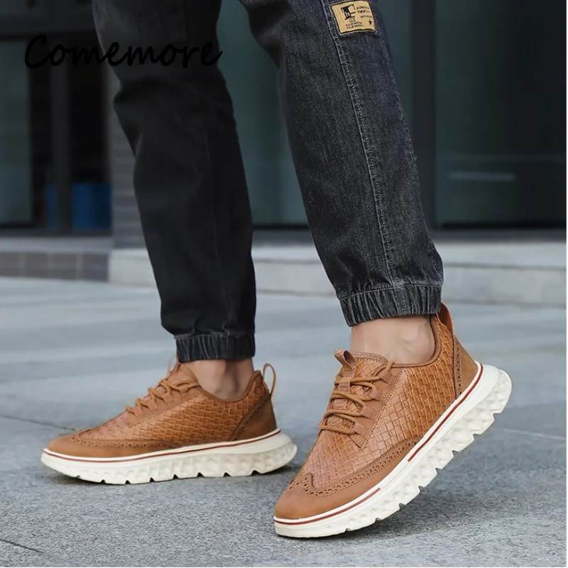 Comemore Men's Artificial Leather Fashion Sneakers Comfort Thick Sole Casual Shoes Street Design Footwears Zapatos De Hombre