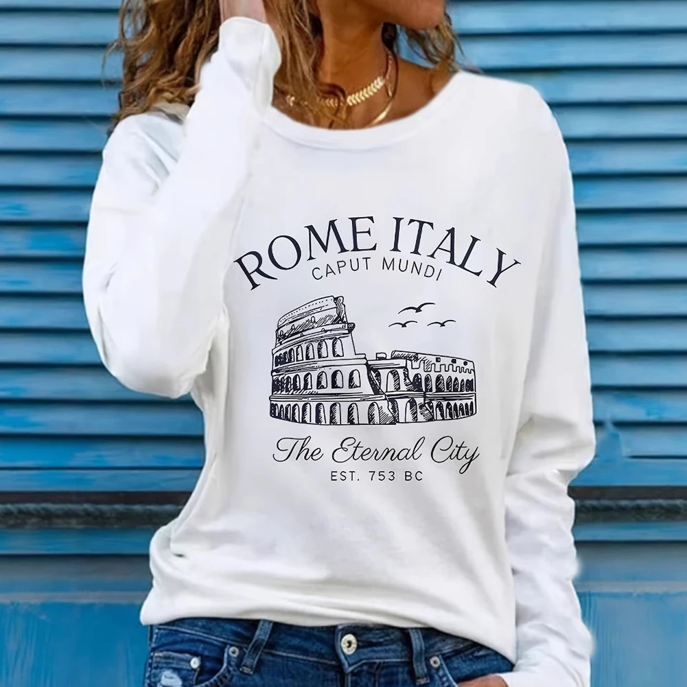 T-shirt a maniche lunghe girocollo con stampa romana da donna, vestibilità ampia e casual per l'uso quotidiano e le attività all'aperto nella stagione calda