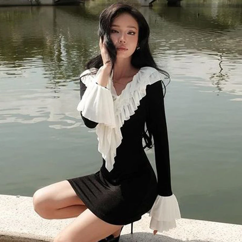 Robe basique à manches longues et col en V pour femmes, vêtements élégants, style français, vintage, volants, patchwork, tambour, robes con, sexy, Y2K