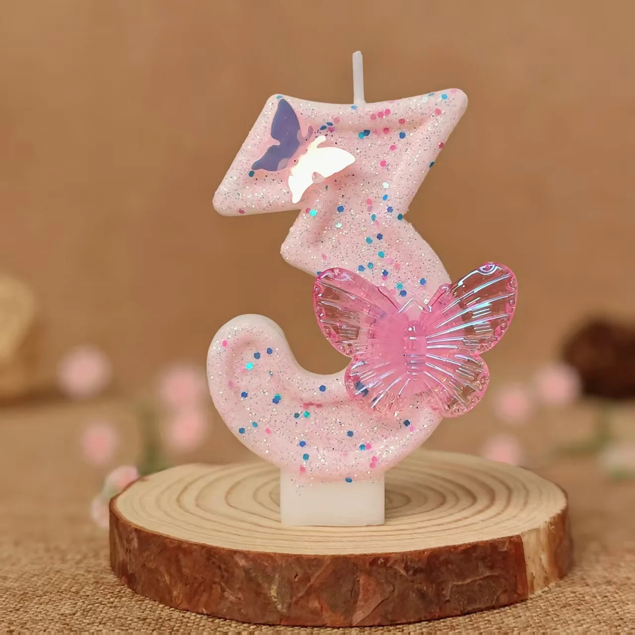 3D-Schmetterlings-Zahlenkerzen 0-9, glänzende, pinkfarbene Glitzerkerzen für Geburtstagskuchen, Kuchendekoration, Partyzubehör – Detail 7