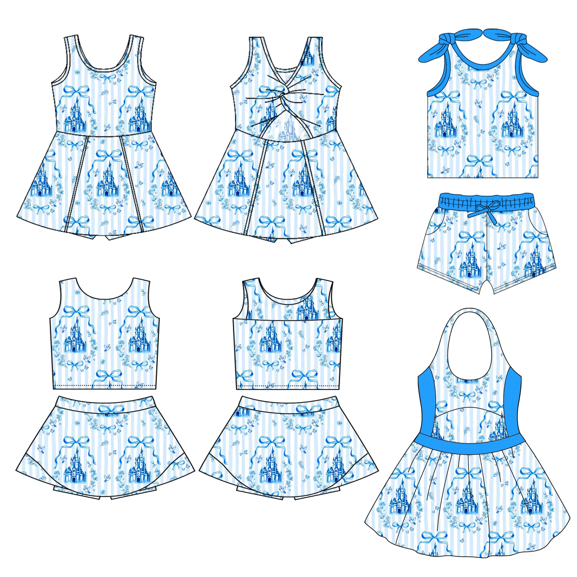 Nueva boutique, traje para niños, tirantes, lazo, castillo, lazo de flores, pantalones cortos estampados, traje para niña, vestido halter para bebé, conjunto de 4 piezas