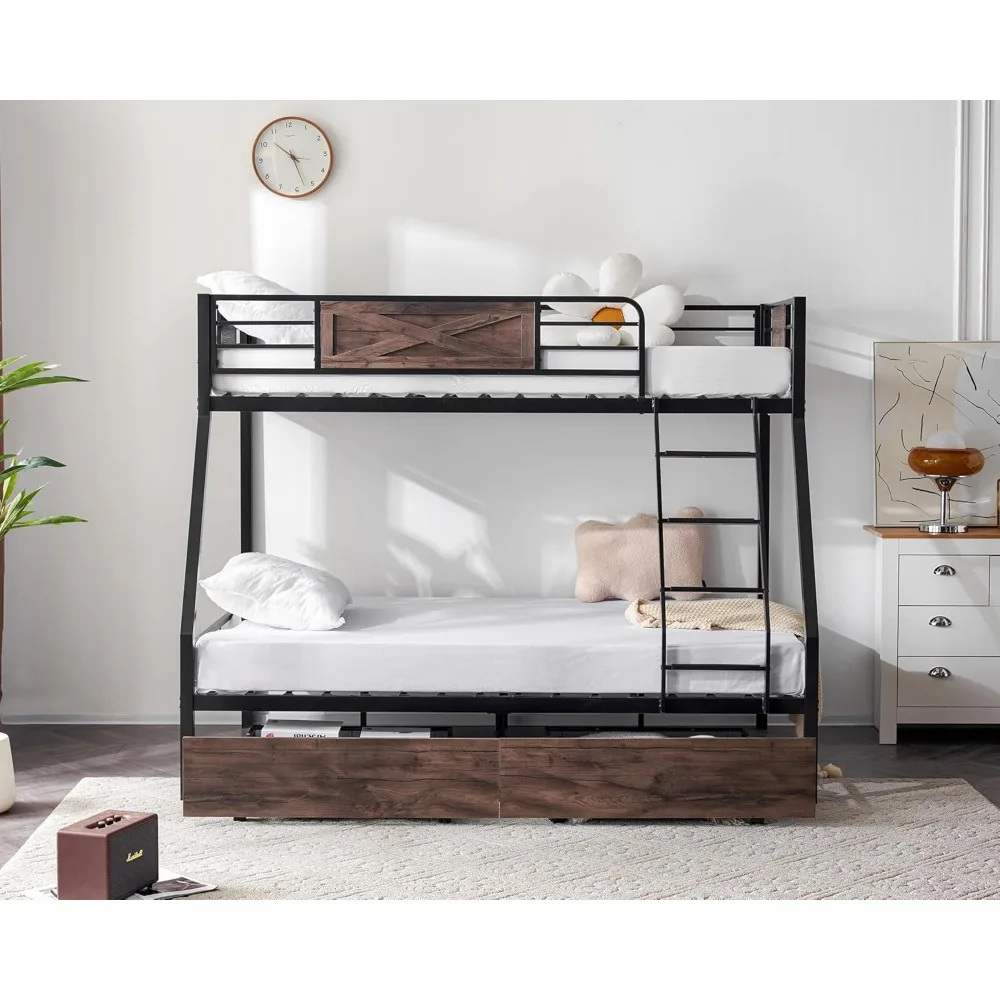 Bed Twin Over Full Size with 2 Storage Drawers/Flat Rungs/Inclined Ladder, Heavy Duty Metal Slat Support, Bed Bases & Frames