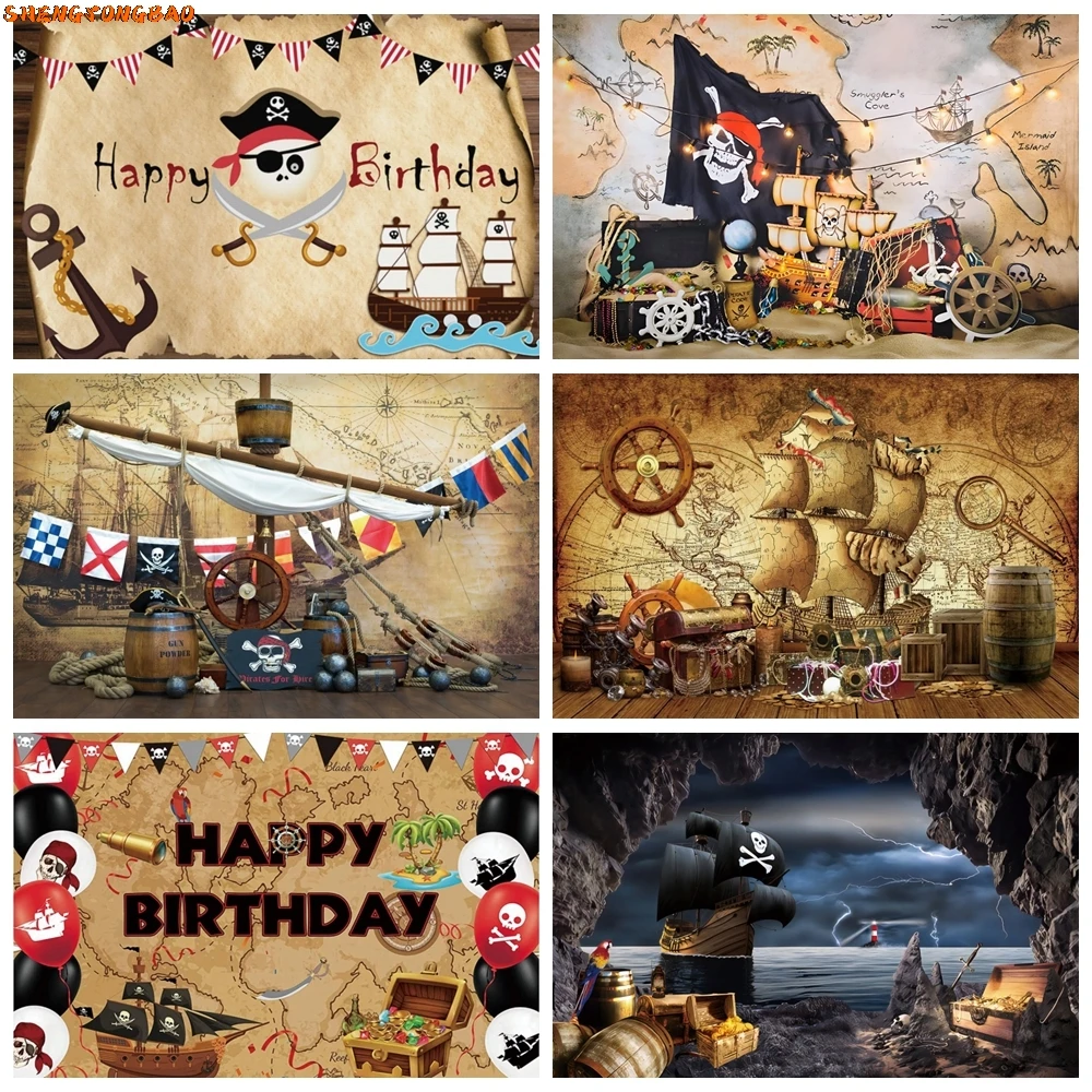 Pirate Theme Sailing Treasure World Map Backdrop Boy Kids Birthday Party Photography Background Photo Studio Decor Banner