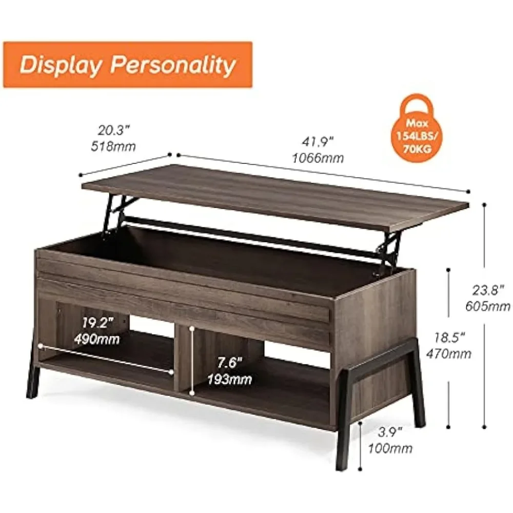 Lift Top Coffee Table with Hidden Compartment and Storage Shelf, Rising Tabletop Dining Table for Living Room Reception Room